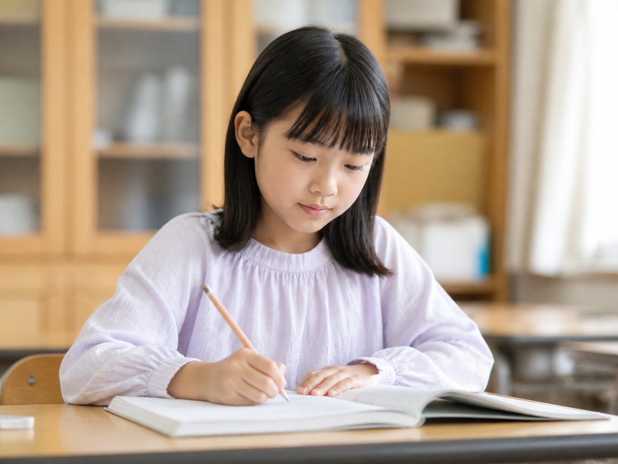 机に向かってノートに書き込む小学生の女の子