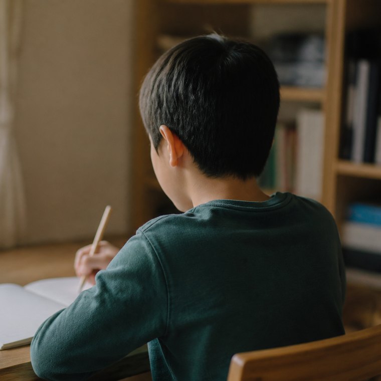 自宅の机でノートに書き込む小学生の男の子